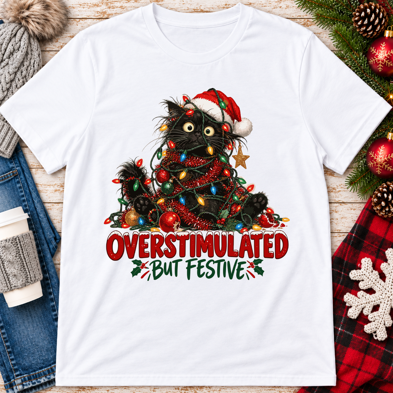 Overstimulated Christmas Cat T-Shirt